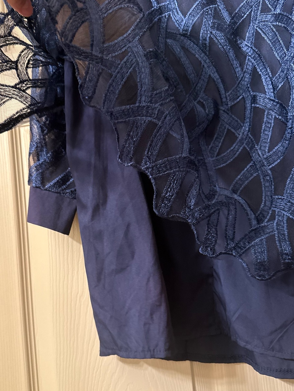 Elegant Lace Overlay Tunic Layered Mesh 3/4 Sleeve Top Navy 1XL - Picture 5 of 8